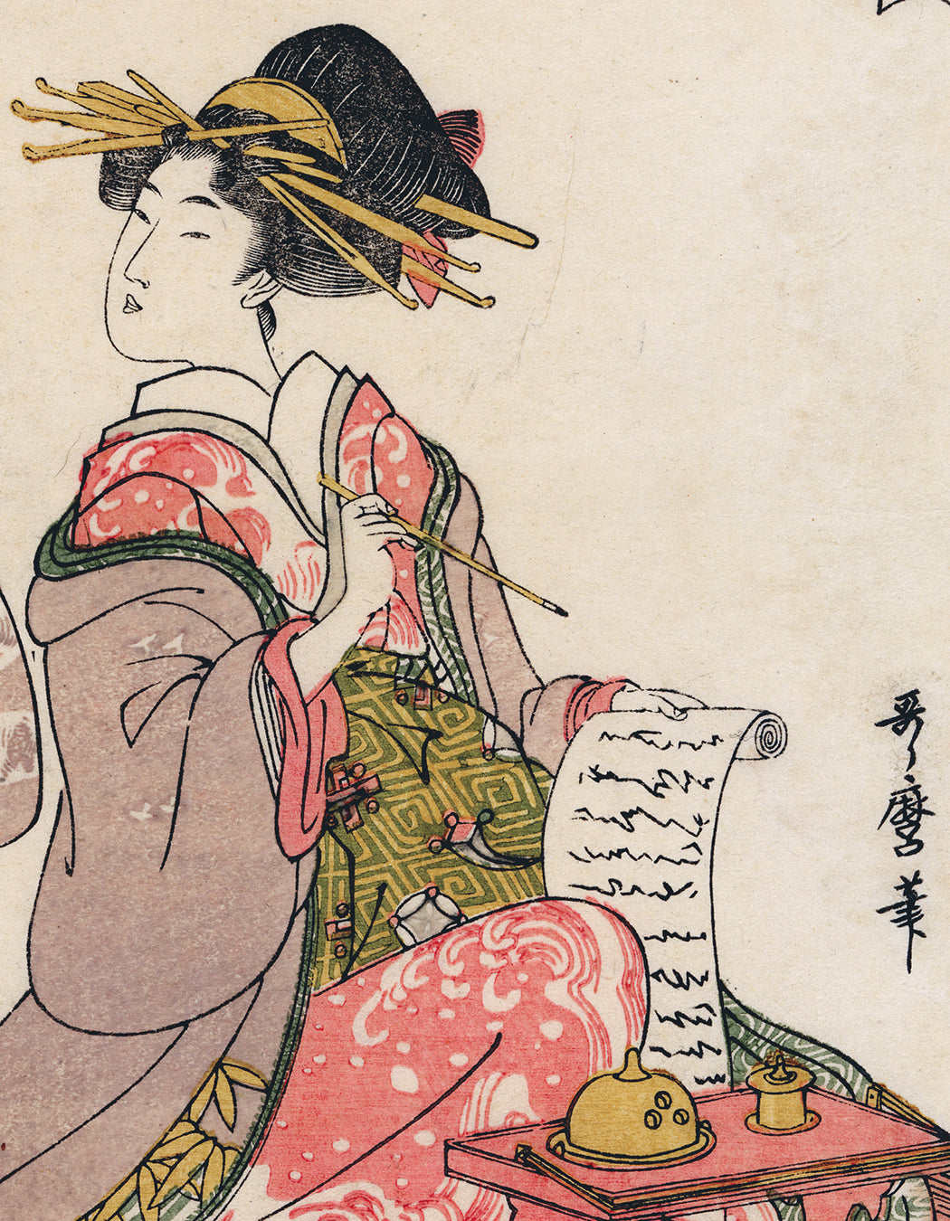 Utamaro 歌麿: 手紙を書く遊女と連れ；戌の刻（売却済み） – Egenolf
