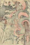 Yoshikazu 芳員: Yorimitsu and his Retainers Transfixed by Battle Between Giant Serpent and Bear (RESERVED)