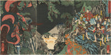Yoshikazu 芳員: Yorimitsu and his Retainers Transfixed by Battle Between Giant Serpent and Bear (RESERVED)