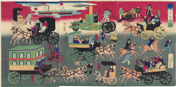 Yoshitora: 明治時代の東京の街で実在する車両と想像上の車両
