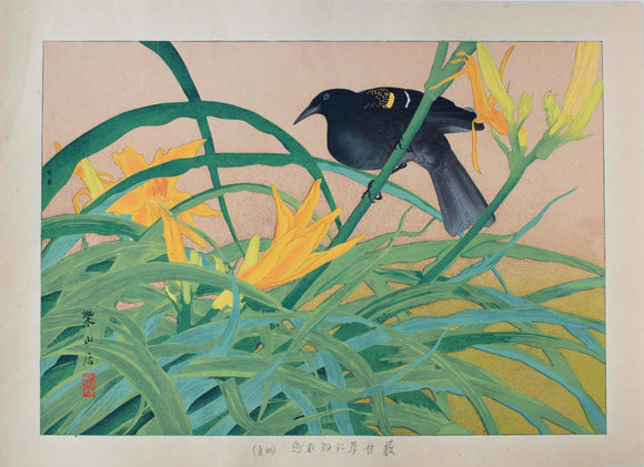 Tsuchiya Rakusan: Yellow-winged blackbird and Yellow Daylily