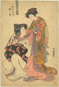 Isoda Koryūsai: A courtesan is helped into her outer garment by her attendant.
