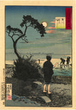 Kiyochika: Rinsing Out Dyed Cloth in the Tama River, from the series 100 Views of Musashi. A prosaic activity turns mysterious by moonlight.