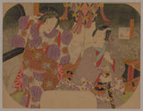 Kunisada: Uchiwa-e (fan print) of beauty and suitor. (Sold)