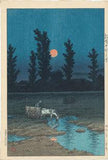 Hasui: Evening moon at Nakanoshima, Sapporo: Sapporo Nakanoshima no yûzuki (Sold)