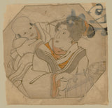Kuniyoshi: Small drawing of girl with baby (Sold)