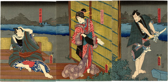 Kunisada: Woman carrying letter and man wiping knife