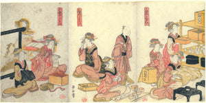 Kikugawa Eizan: Mini triptych of beauties with household goods