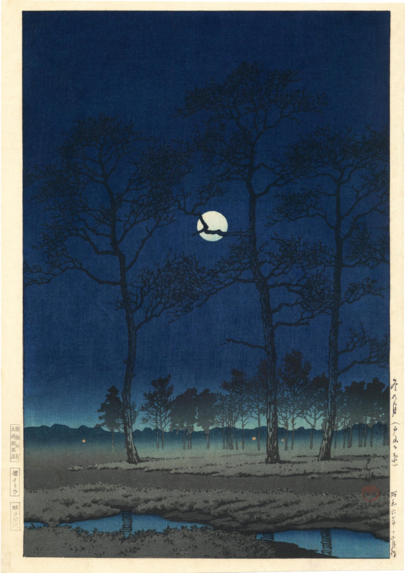 Hasui: Winter Moon over Toyama Plain. Magnificent view of trees silhouetted against the winter moon.