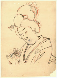 Chikanobu: Drawing of a beauty holding a flower