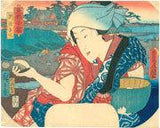 Kunisada: Suzaki Benten; Fan print of beauty holding clam (Sold)