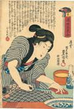 Kunisada: Red (Aka): Preparing Sushi. The text describes other things in red as a cook places red tuna slices onto a plate. (Sold)