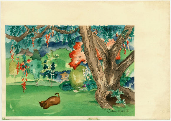 Obata: A kitty dozes benath a flowering tree in a beautiful garden. Most likely a trial proof for a print that was later titled “Early Summer Breeze at Shiho En.”
