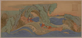 Hokkei: Boat, waves and rocky shoreline. (Sold)