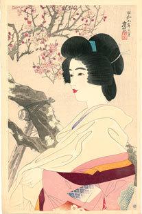 最終値下げ！！ 伊藤深水　紅梅　掛軸　木版画　京都美人画　共箱作品 伊東深水：「紅のアプリコットの木」（光梅）の横にある美しさ