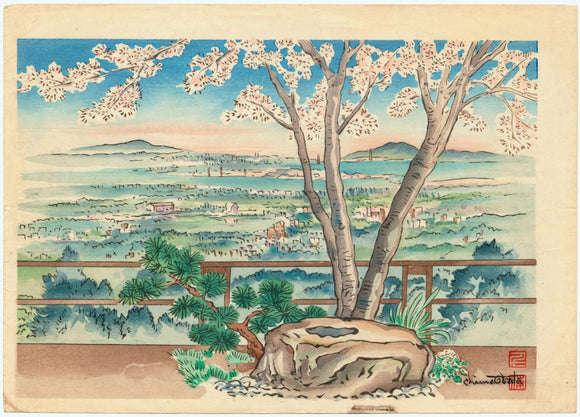 Obata: View of a Japanese landscape from a garden.