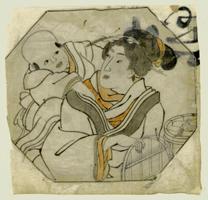 Kuniyoshi: Small drawing of girl with baby