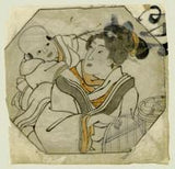 Kuniyoshi: Small drawing of girl with baby