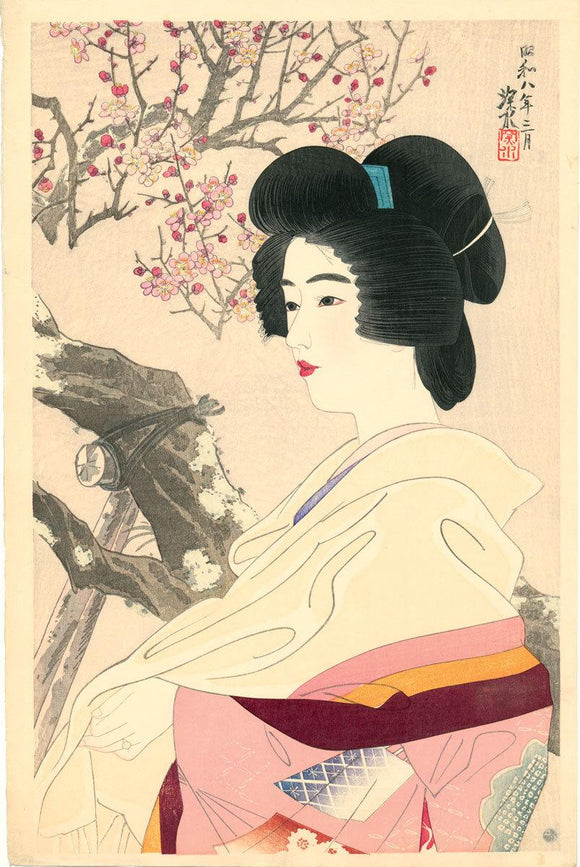 Itō Shinsui: A beauty beside “Japanese Apricot Tree with Red Blossoms” (Kôbai). From the “Second Series of Modern Beauties”. Unlimited lifetime edition.