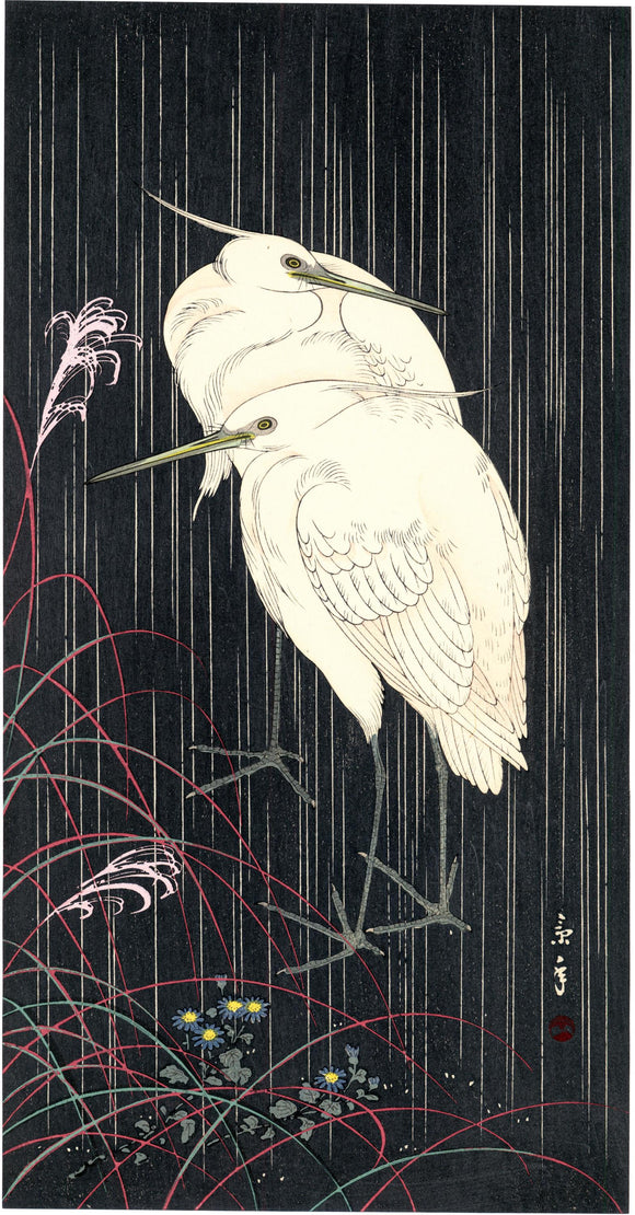 Imao Keinen: Egrets in Rain at Night. From the estate of Robert O. Muller, this print left Japan in the 1930s as evidenced by the “Made in Japan” seal, verso.