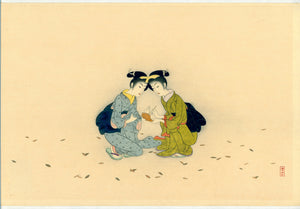 Kōmura Settai: Two girls kneeling amidst fallen leaves comprise this parody of the Chinese monks Hanshan and Shide. With a limited edition seal, verso.