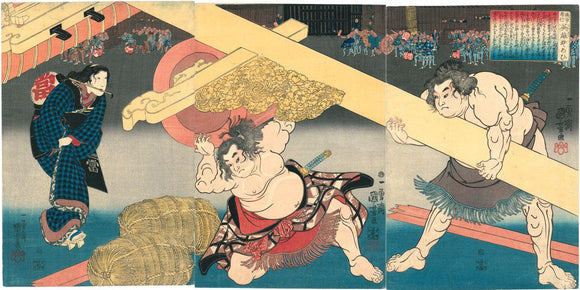 Kuniyoshi: Sumo wrestlers competing in shows of strength