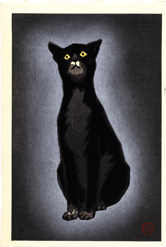 Natori Shunsen: Sitting Black Cat