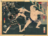 Yoshitoshi: Firemen Fight Sumo Wrestlers. This fight occured at the Shinmei Shrine in 1805.