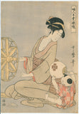 Utamaro: Beauty Spinning Silk with Baby (Sold)