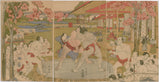 Katsukawa Shun'ei: Onogawa grapples with Tokoyama at a rehearsal for a command performance before the shogun. (Sold)