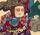 Kuniyoshi: Actors as shamisen, sparrow and tengu king (Sold)