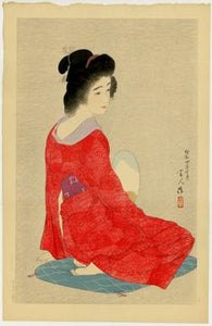 Torii Kotondo: “Long Undergarment”.  The beauty’s softly-patterned red robe is one of five color variations of this print. #188/300