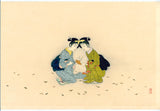 小村雪岱：落ち葉にひざまずく二人の少女が、この中国の僧侶ハンシャンとシデのパロディーを構成しています。限定版のシール付き、逆。 （販売済み）