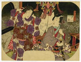 Kunisada: Uchiwa-e (fan print) of beauty and suitor. (Sold)