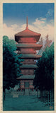 Hasui: Honmon Temple, Ikegami (Ikegami Honmonji). Sunset view of this famous pagoda, the lower storeys couched in shade. Rare large size.