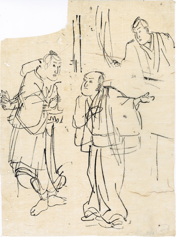 Kuniyoshi 国芳: Original Preparatory Drawing of Two Men Plotting, One Man Eavesdropping