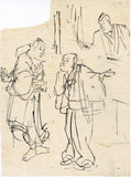Kuniyoshi 国芳: Original Preparatory Drawing of Two Men Plotting, One Man Eavesdropping