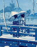 川瀬巴水：夕方の雪、江戸川、青バージョン（販売済み）