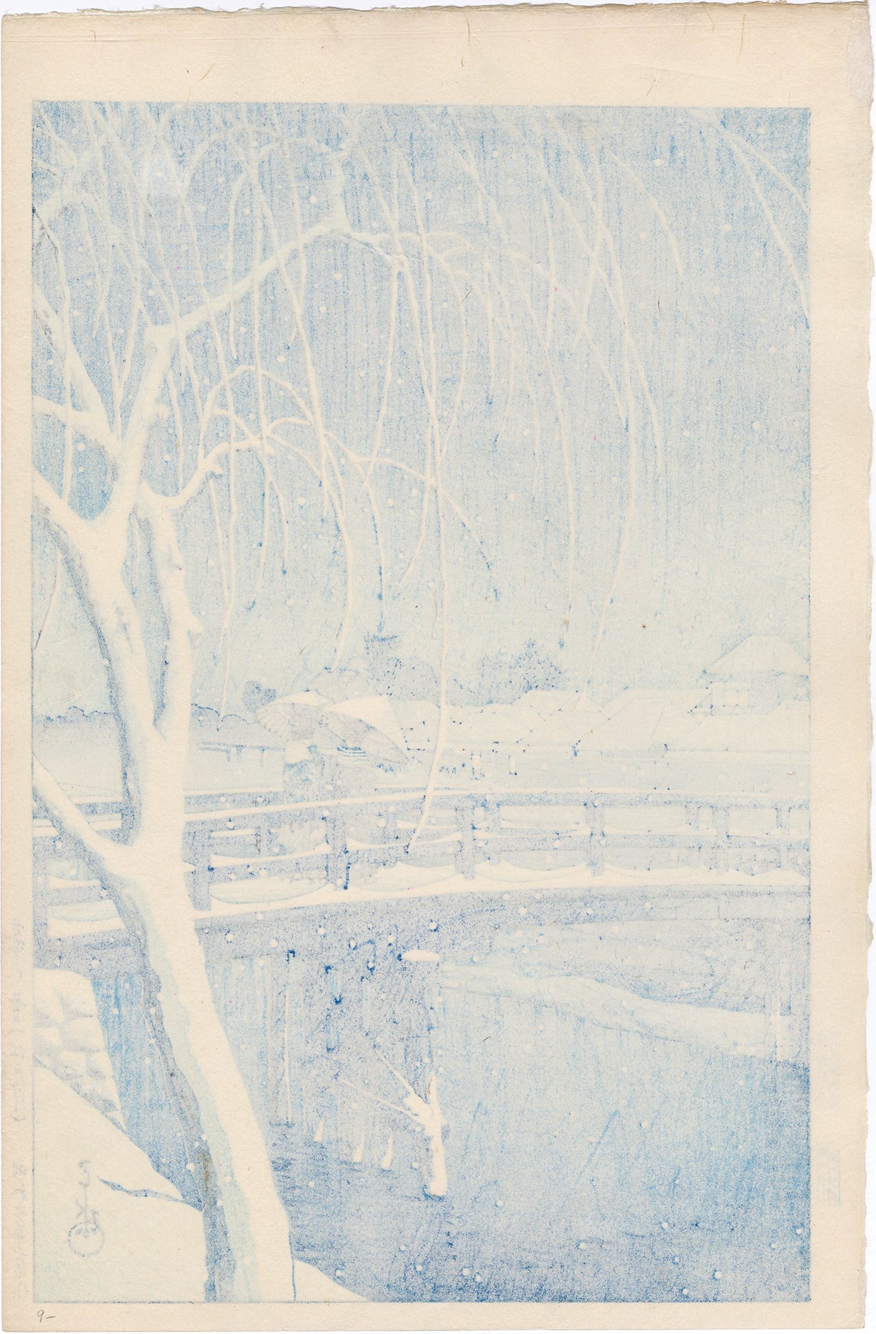 川瀬巴水：夕方の雪、江戸川、青バージョン（販売済み） – Egenolf