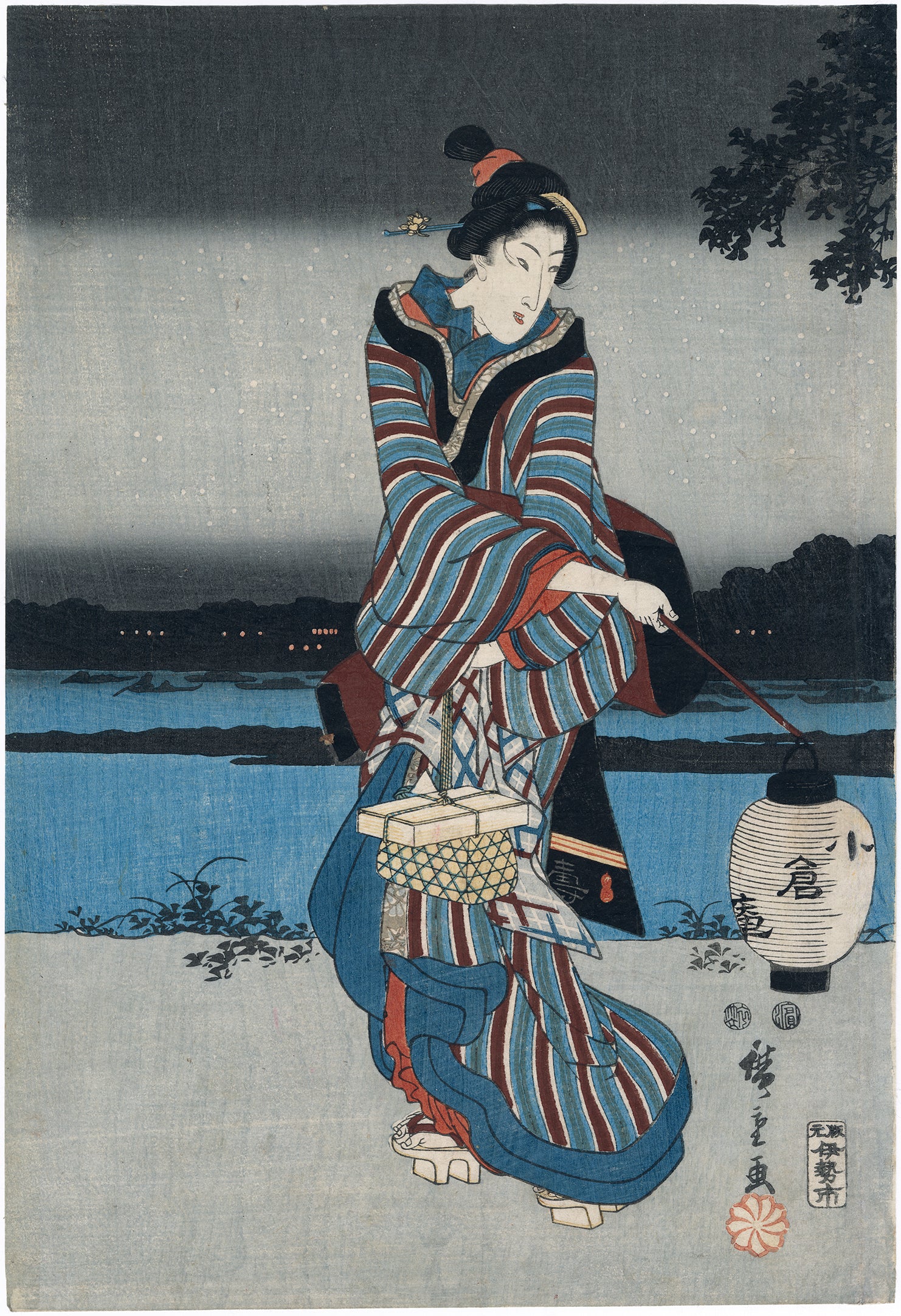 Hiroshige 歌川広重: Night Cherry Blossoms on the Sumida Embankment