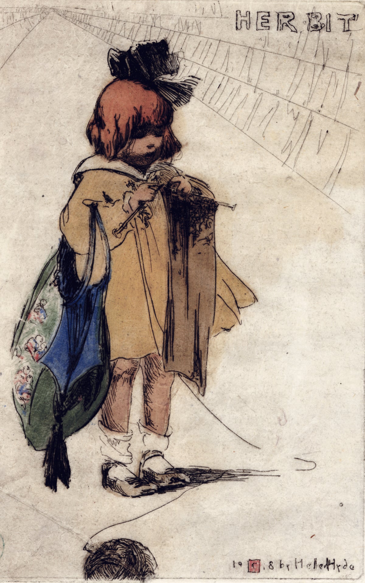 mimi　黒絽と　名画　義経奮戦記 ヘレンハイド：戦争の努力のために編み物をしている若い女の子の