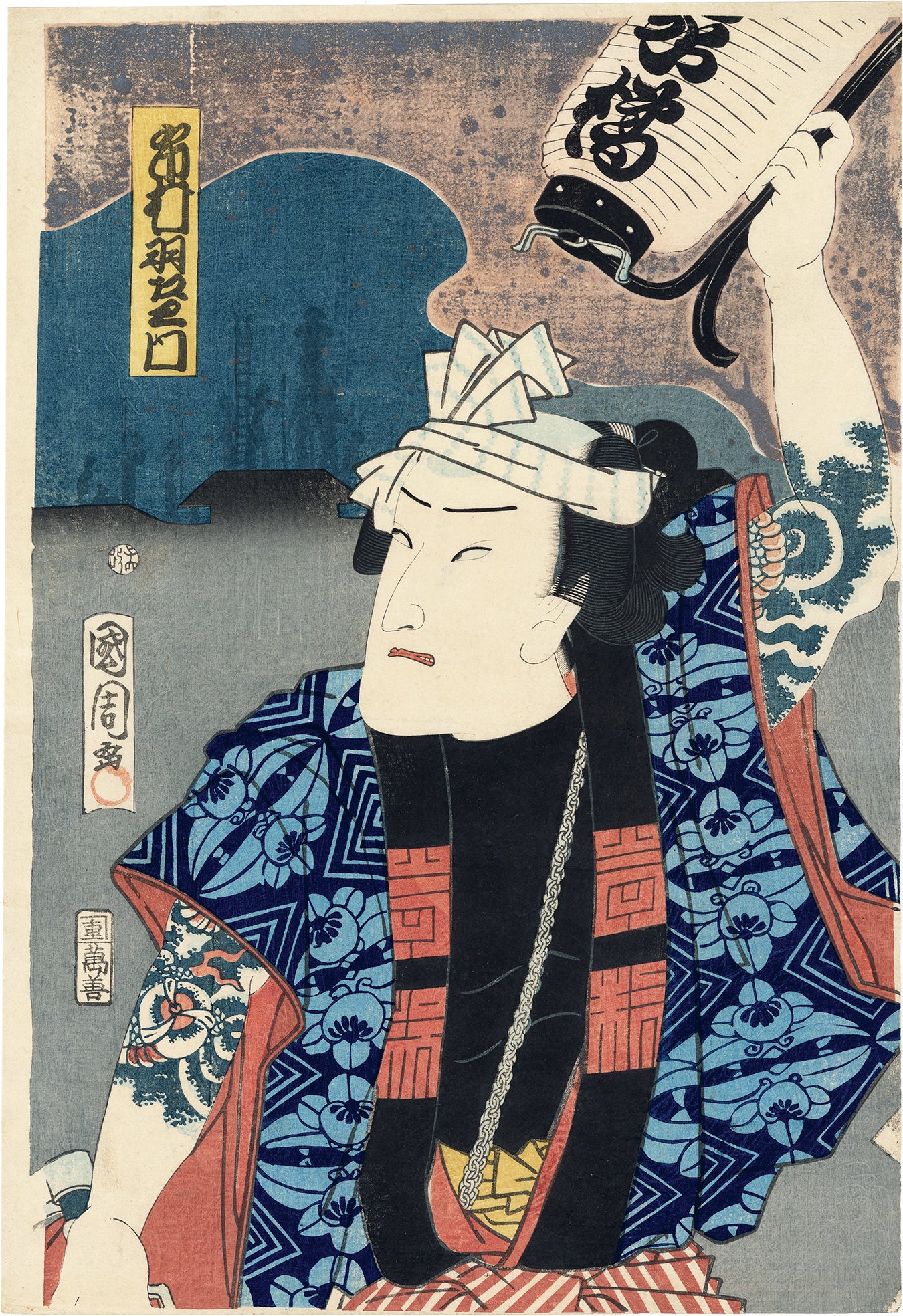 Kunichika: Triptych of Tattooed Fireman Against Smoke-filled