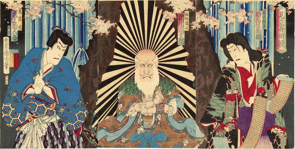 Kunichika: Jiraiya Triptych with Tattooed Magician and Waterfall (Sold)