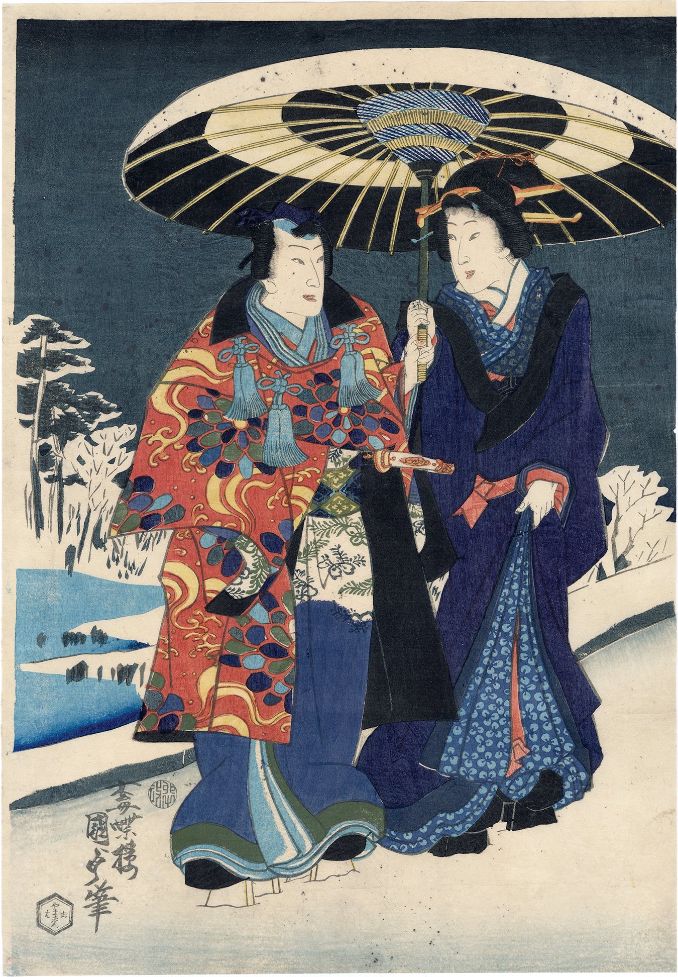 二代国貞 姿見橋に源氏物語雪三連祭壇画（SOLD） – Egenolf Gallery