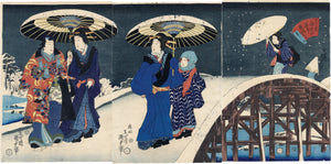 Kunisada II: Snow Triptych with Prince Genji on Sugatami Bridge (SOLD)