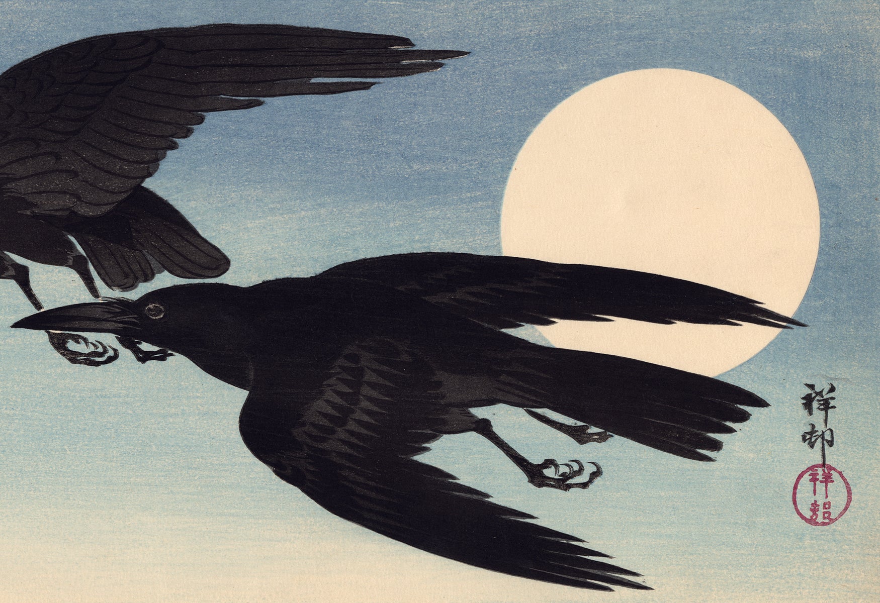 Koson 小原古邨 : Two Crows in Flight Against the Full Moon (Sold