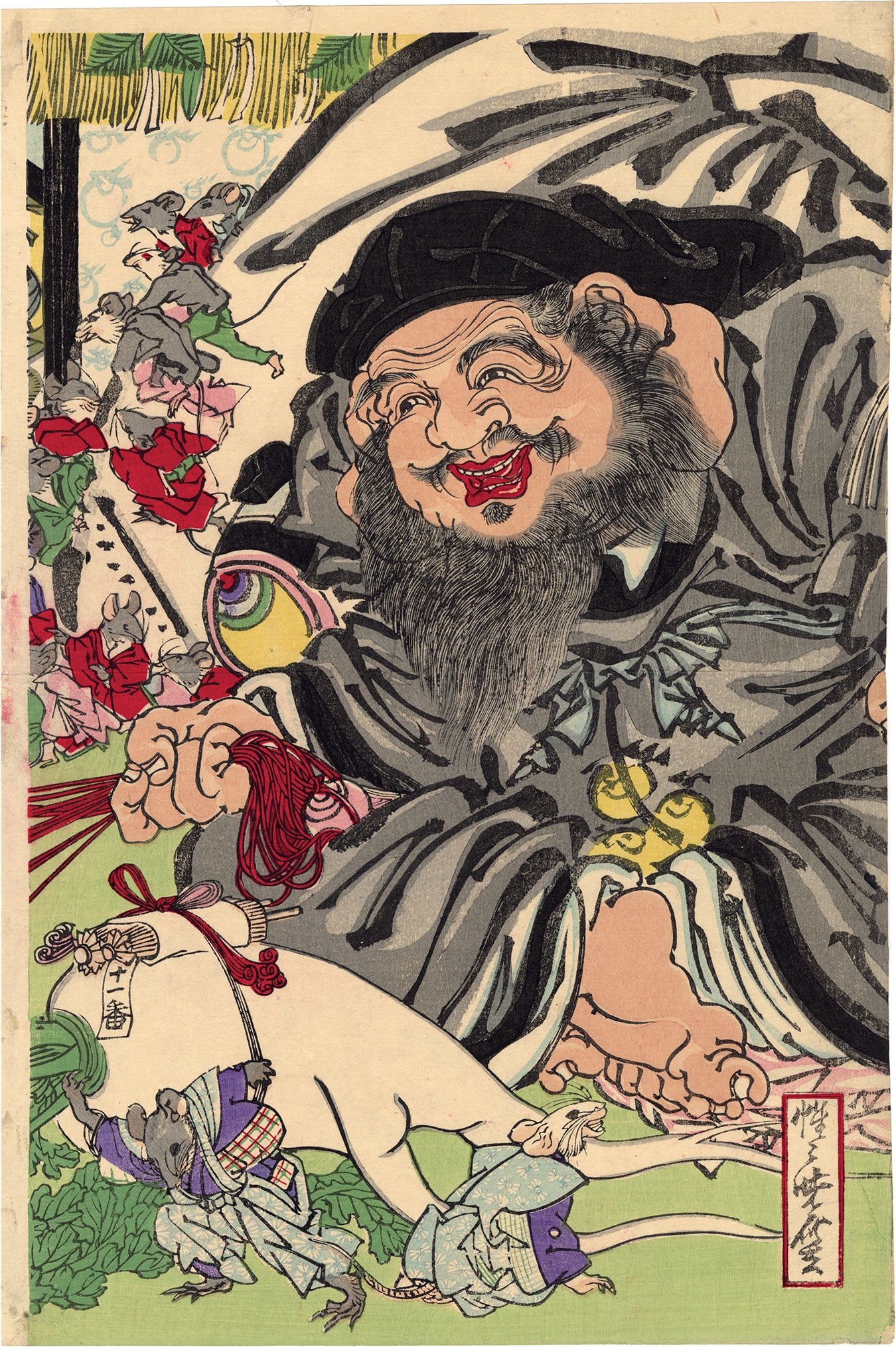 Kawanabe Kyosai 河鍋 暁斎: Daikoku in a Tug of War with Rats 新板