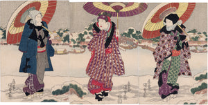 国貞：傘をさした雪の中の3人の俳優のすり物のような三連祭壇画（販売済み）