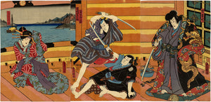 Kunisada: Kabuki Sword Fight Scene on a Boat from Jiraiya Play (Sold)