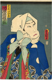 Kunisada:  Bold Kabuki Triptych with Hideyoshi and Kamuro